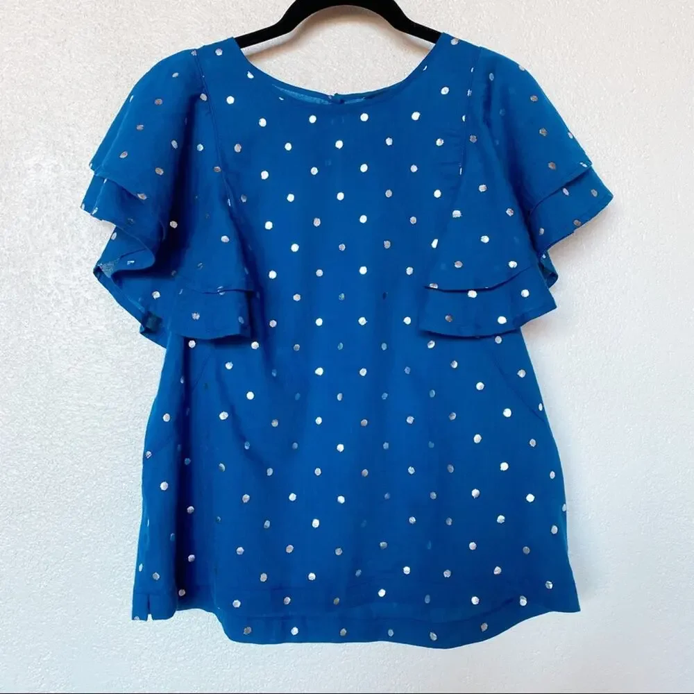 J. Crew Ruffle Flutter Sleeve Metallic Dot Top Size Small